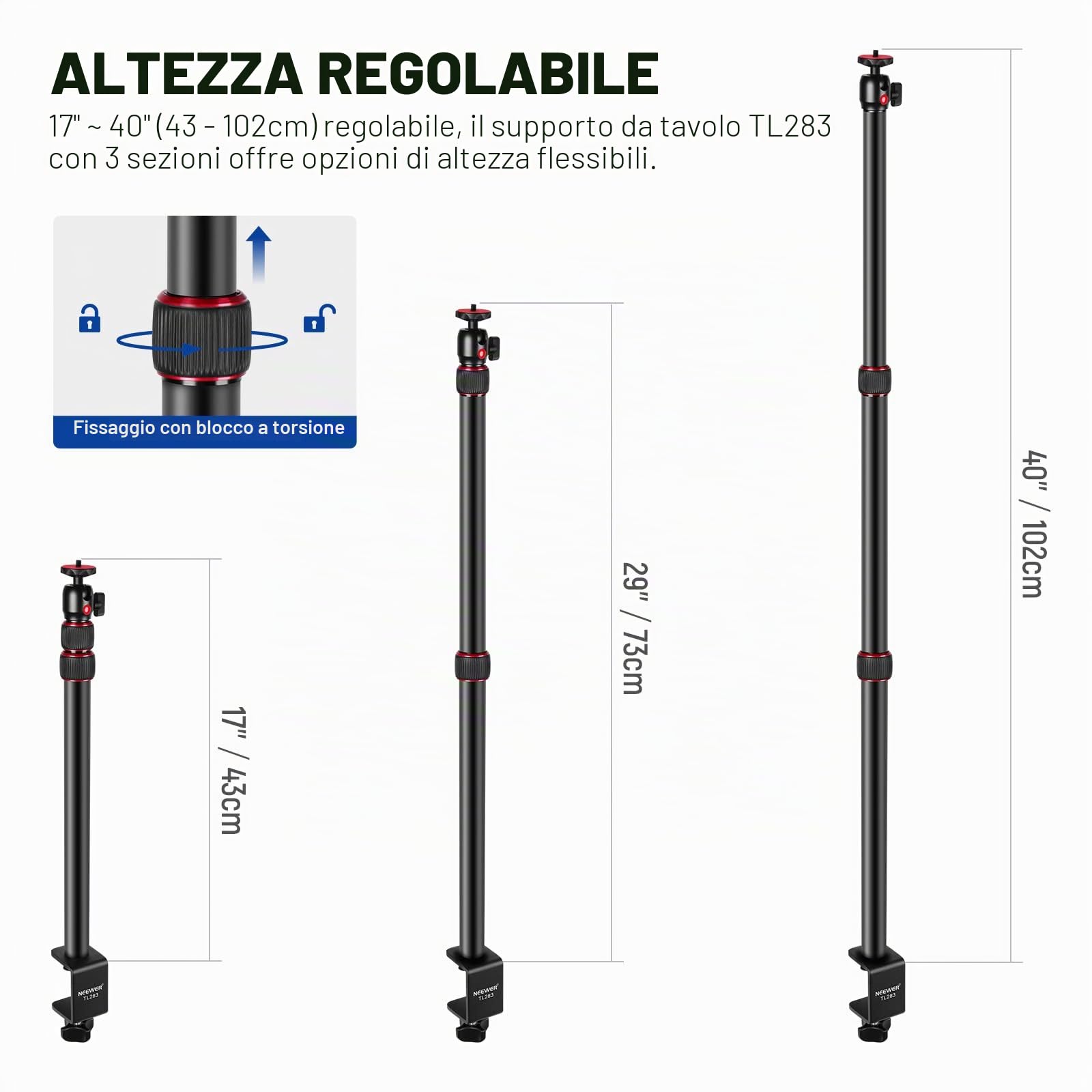 NEEWER Stand Estensibile da Tavolo con 1/4” Testa a Sfera, 43-102cm Regolabile Cavalletto con 1/4” Vite Adattatore & Morsetto-C per Reflex Digitali Luci Anulari Streaming Vlog, Massima Portata 3kg