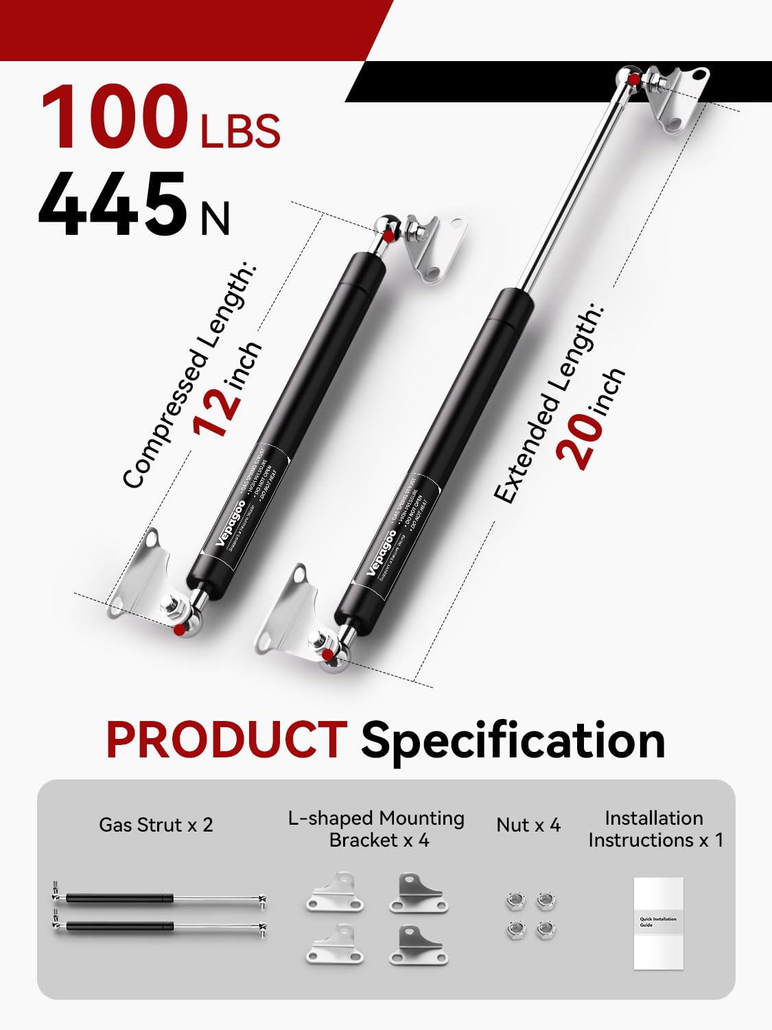 Vepagoo Gas Struts 20 Inch 100 lb/445N for Heavy Lid with Mounting Brackets, Gas Shock Lift Supports Heavy Duty, RV Bed Lift Kit Door (Fit 85lb-115lb Lid), 2pcs (1pair)