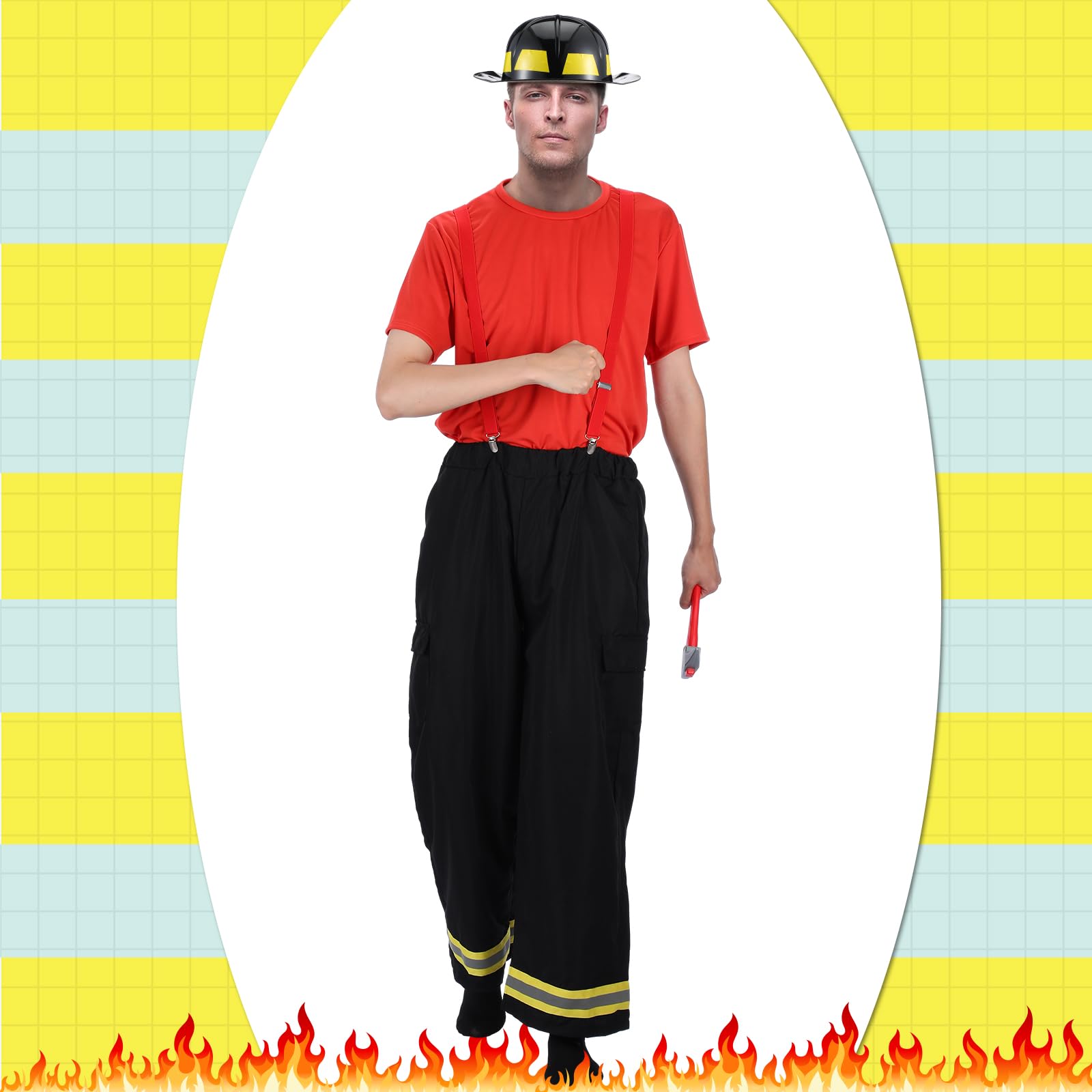 Hicarer Feuerwehrmann-Kostüm für Herren, Feuerwehrmann, Helm, Axt, T-Shirt, Hose mit angenähten Hosenträgern, Halloween, Cosplay, Outfit, 5-teilig