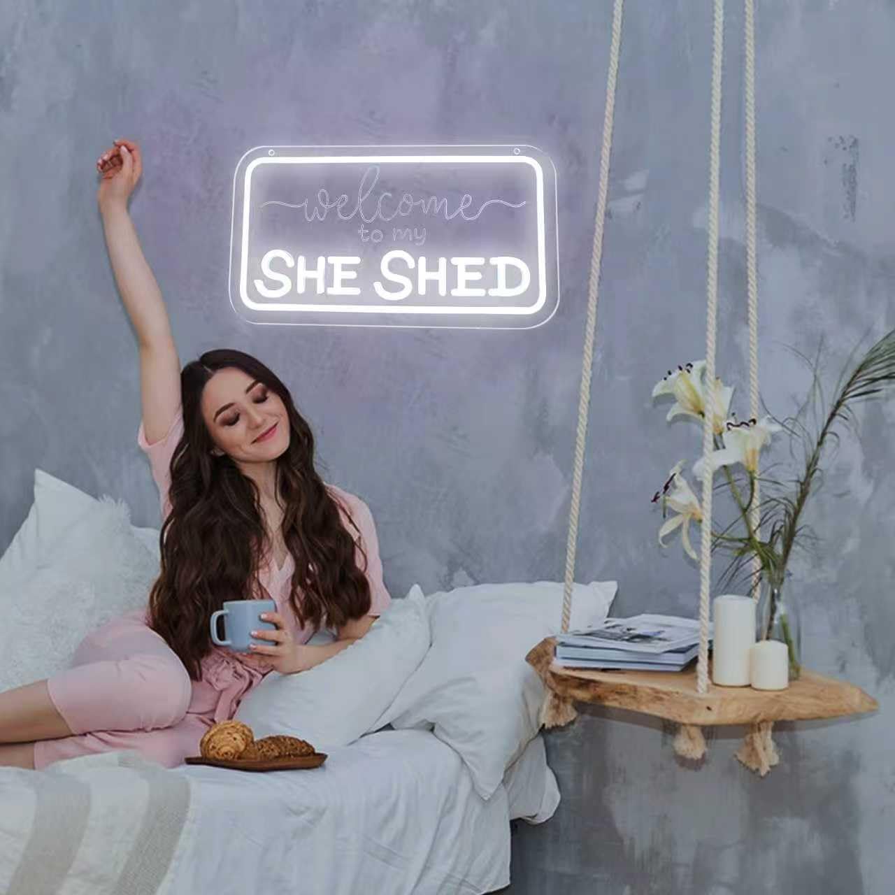 She Shed Neon Sign Welcome LED Wall Light Dimmable Light Sign for Home Bar Bedroom Restaurant Shop, Retreat Room Decor, Gift for Mom or Wife(USB power, 14 * 8 inch)