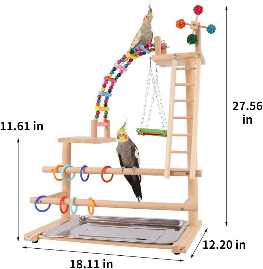 Deluxe Edition Parrot Stand Tabletop Playground with Removable Tray Parrot Toys Swing Ladder Hanging Rings Climbing Ladder Hanging Bridge Bird Climbing Stands Supplies Bird Stands Random Color