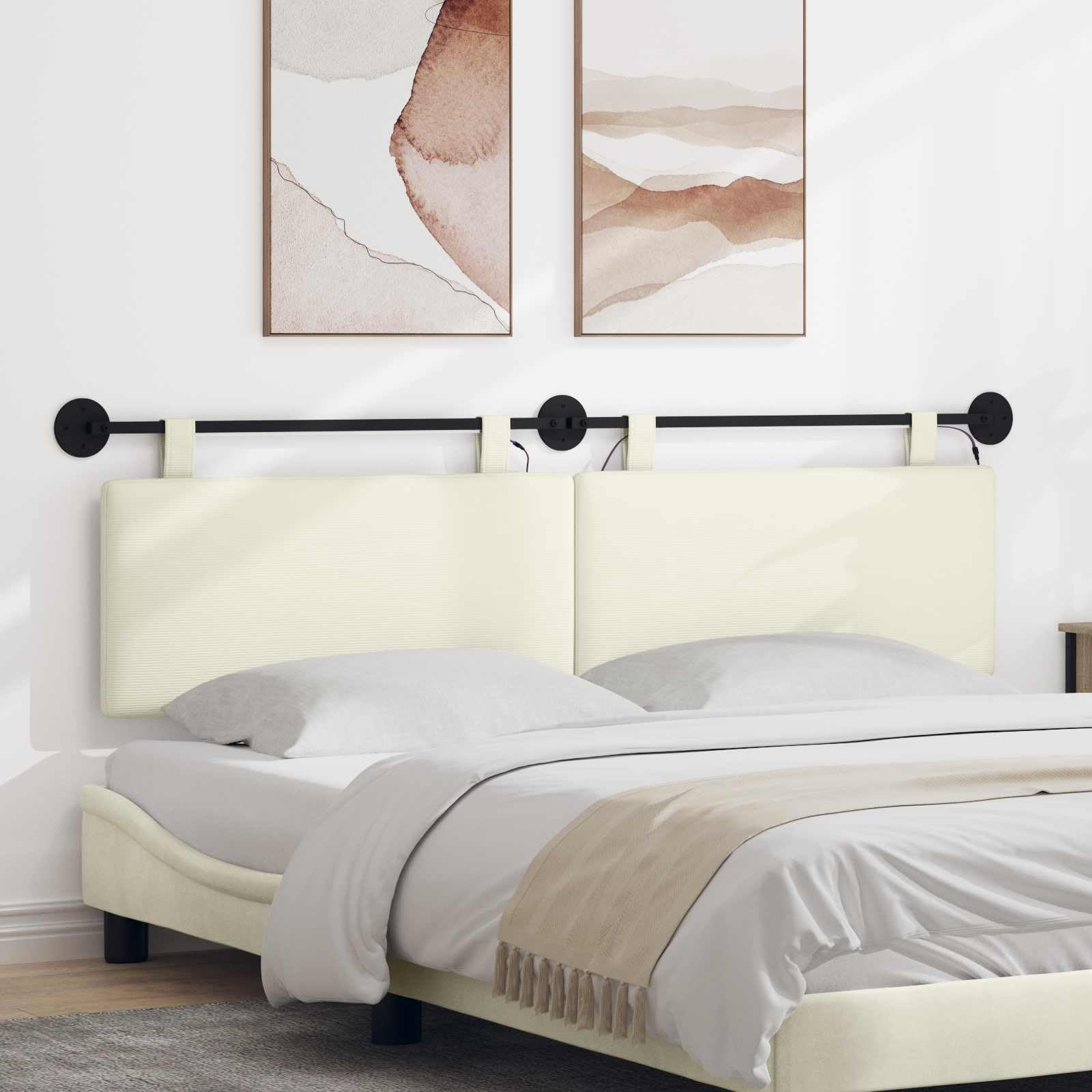 Wiszący zagłówek z kremowego materiału sztruksowego z oświetleniem LED, 170 x 55 cm, miękka tapicerka, montaż na ścianie, wszechstronne jako oparcie i narzuta na łóżko do sypialni, pokoju
