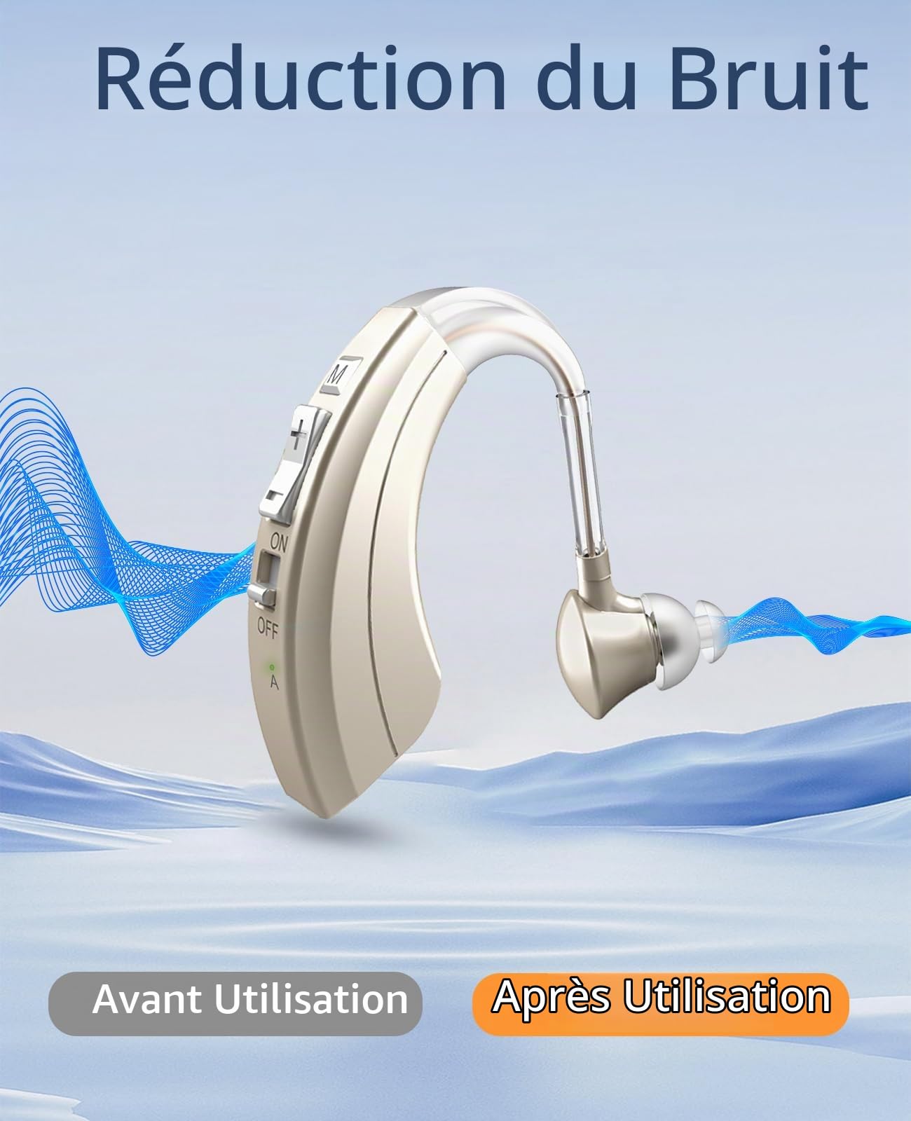 Rechargeables Amplificateur de son, anti-bruit et volume réglable, Appareil BTE Design Léger Confortable (1, Gold)