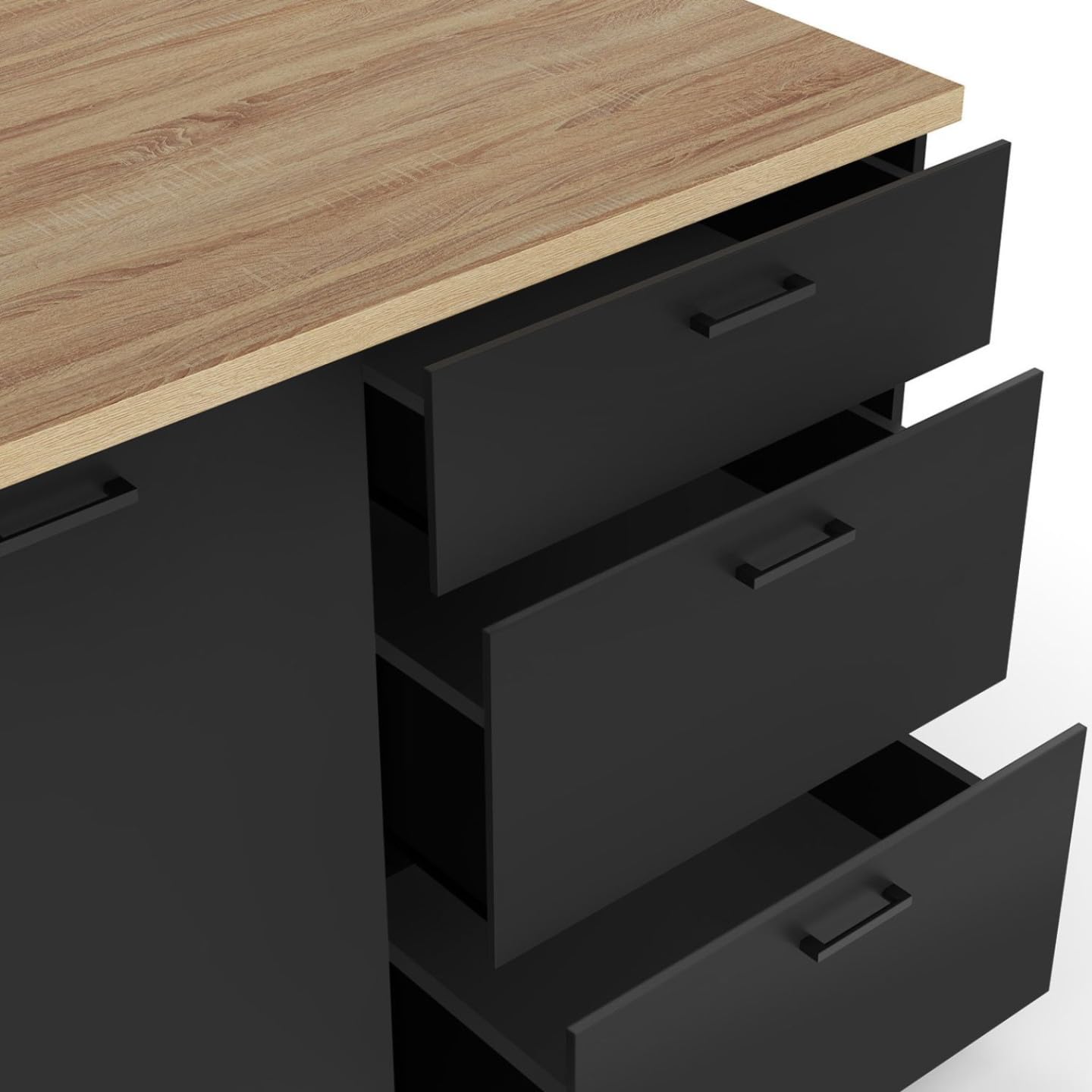 IDMarket - Ilot Central TIBO 110 cm casserolier 3 tiroirs Bois Noir avec Plan de Travail façon hêtre