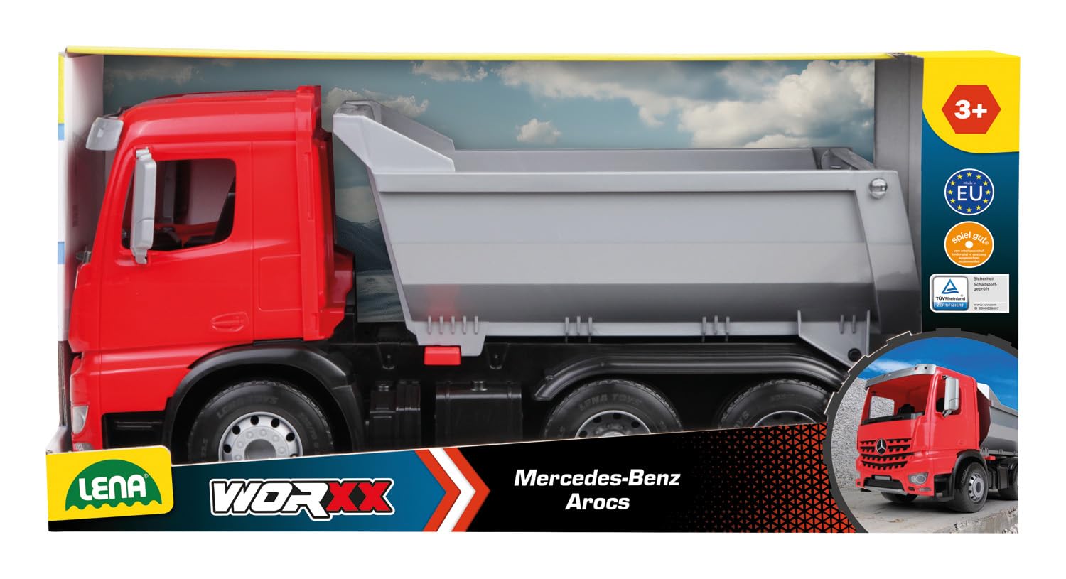 Lena 04610 - Worxx Muldenkipper Mercedes Benz Arocs, ca. 45 cm, Baustellen Spielfahrzeug für Kinder ab 3 Jahre, robuster Kipper LKW mit verriegelbarer Kippmulde und beweglicher Heckklappe