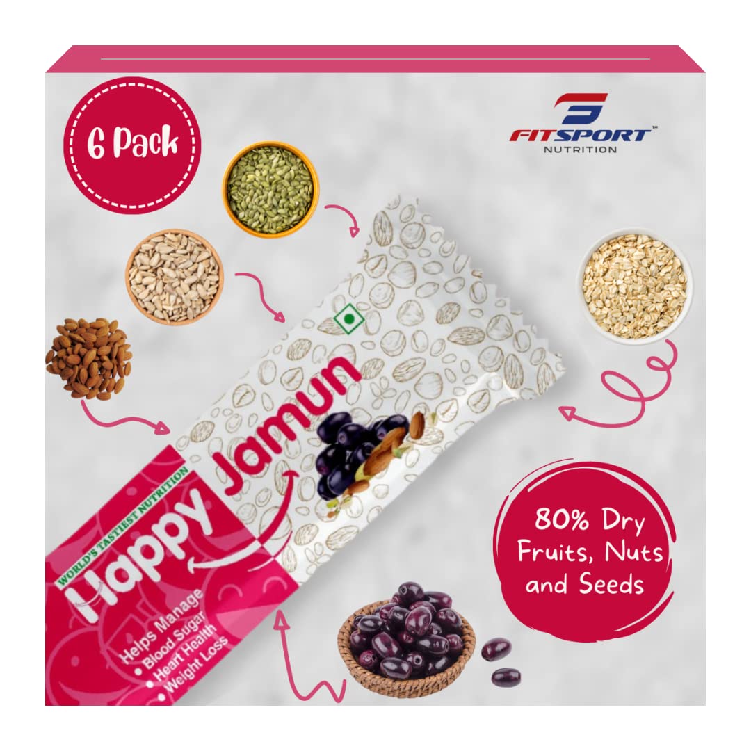 Happy Jamun | Healthy Snack I More than 80% Dry Fruits (Black Jamun, Almonds,Sunflower & Pumpkin Seeds,) | Pack of 6 Nutrition Bars 30 gm each - 180 Gm
