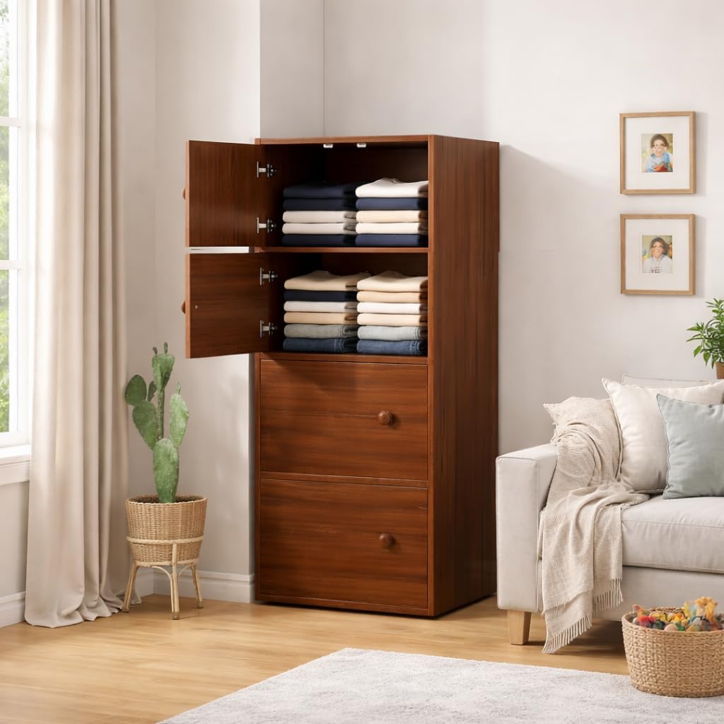 Mevigo -Foldable Wooden Wardrobe for Bedroom | 4-Shelf Engineered Wood Storage Cabinet | Collapsible Cupboard Almirah for Clothes | Space Saving Wooden Wardrobe with Door - Wallnuts