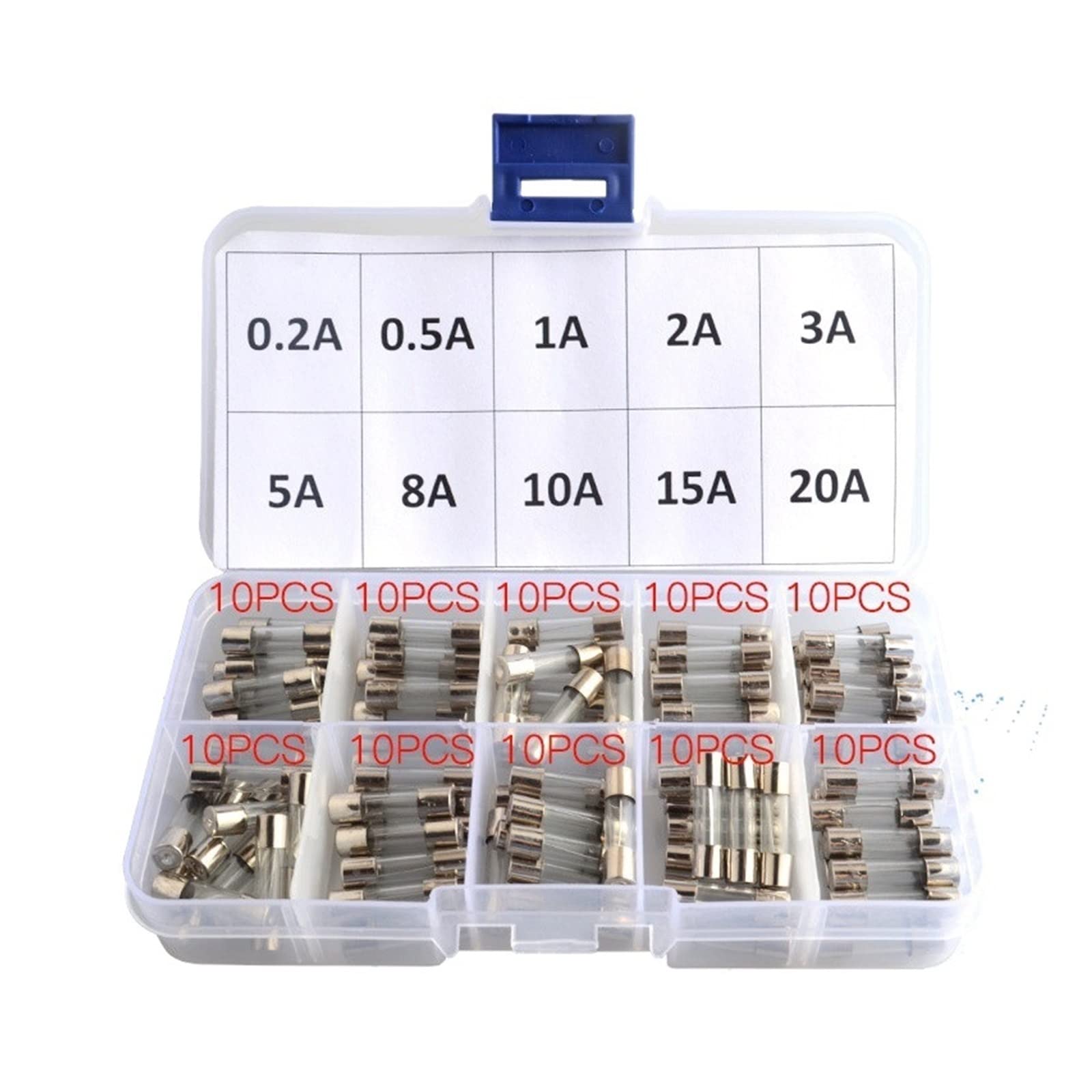 Fusibile a tubo di vetro ad accensione rapida, Set da 100 pezzi 5x20 mm Kit assortiti for soffiaggio rapido, vetro soffiato rapido(As Photo)