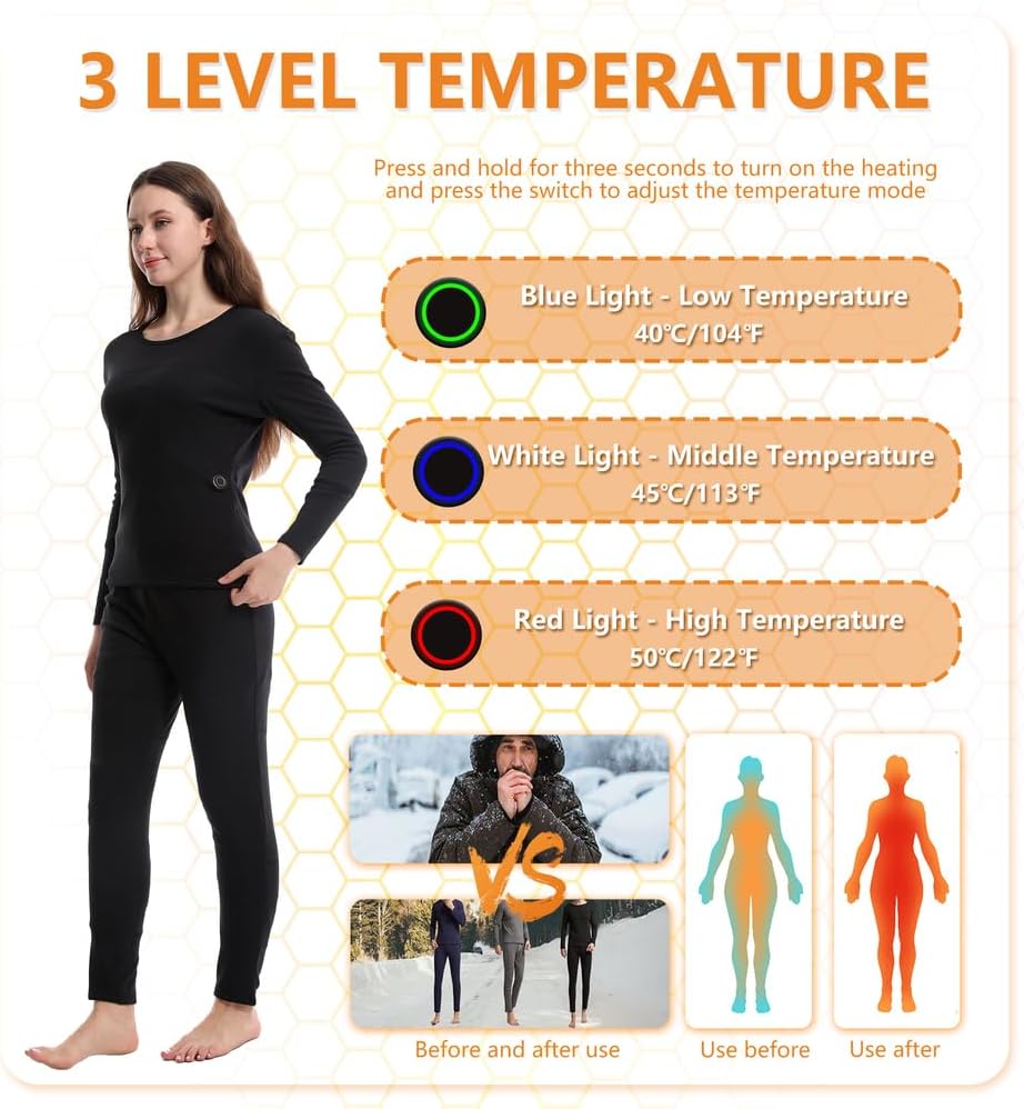 Heated Underwears, Men Women Heating Long John Set Electric Thermal Baselayer Shirt Pant for Outdoor Sport