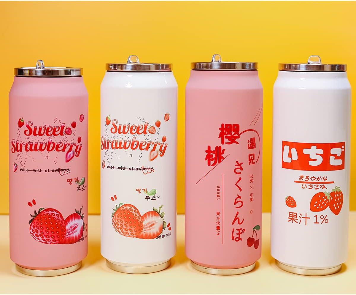 Kawaii Stainless Steel Water Bottle with Straw - Insulated (500ml/16.13oz, Pink Strawberry)