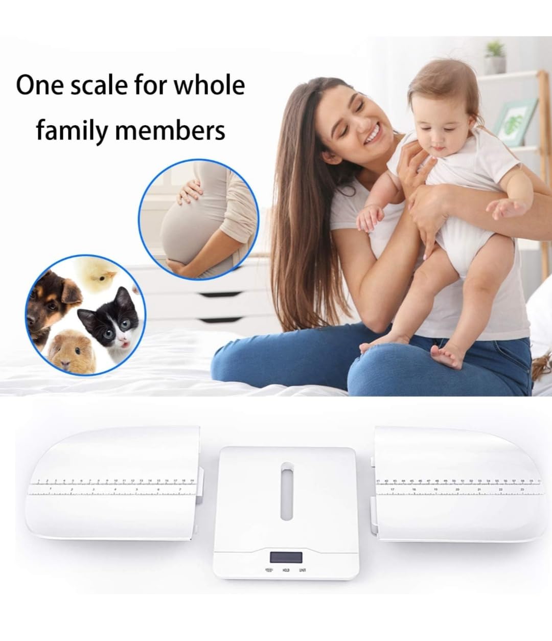 Digital Baby Scale with Hold Function, Pet Scale, Muti-Function Toddler Scale,Infant Scale Measure Adult/Puppy/Cat/Dog Weight (lb/kg/oz) and Height Track, LCD Display