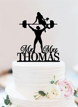 Weight Lifting Wedding Cake Topper Fitness Gym Training Silhouette Personalized Gym Mr And Mrs Acrylic Decoration Unique Bride And Groom Celebration Accessories