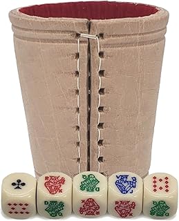 Cyber-Deals Genuine Leather Compact Dice Cup + Ivory Tone Rounded Corners Poker Dice with Storage Pouch (Natural w/Red Felt Lining Cup)