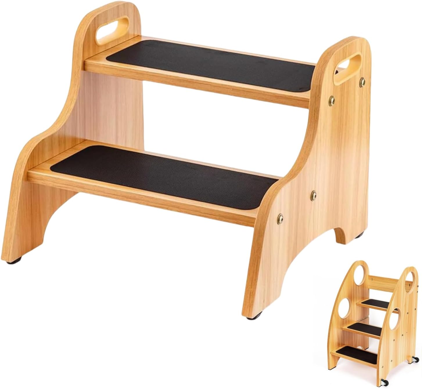 StrongTek Toddler Step Stool & 2-Step Wooden Stool Set – 28" Kitchen Helper Tower with Wheels and Handles, Plus Portable Non-Slip Wooden Step Stool for Kids, 350 lbs Capacity Each