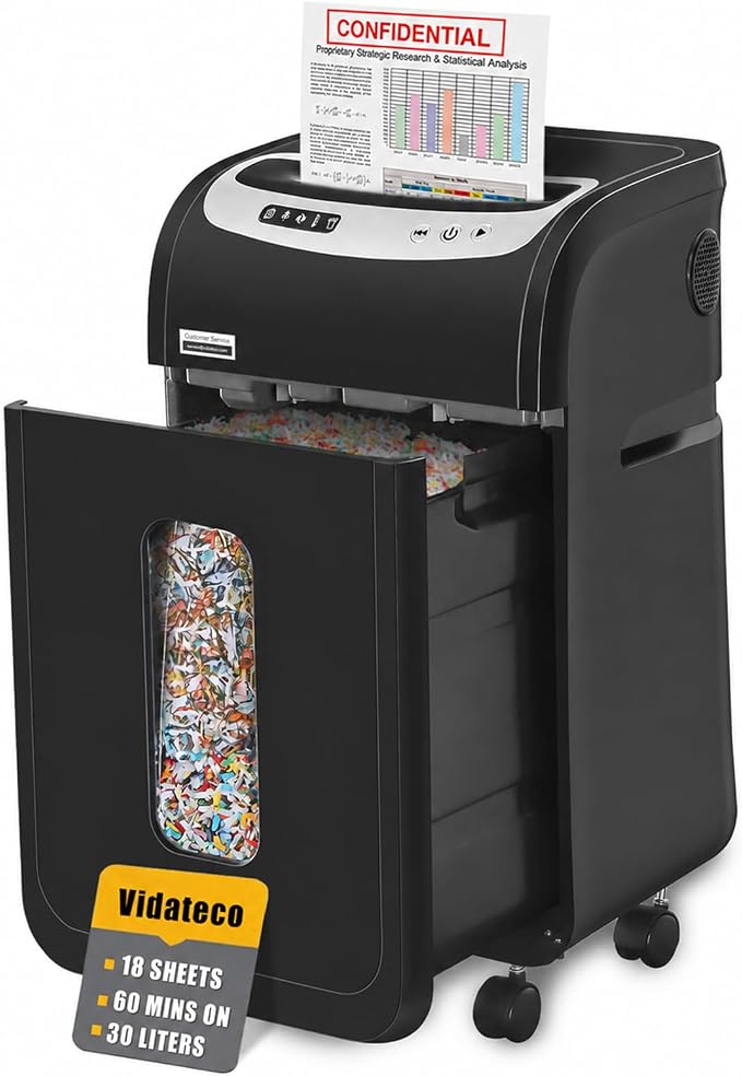 VidaTeco Trituradora de Papel Microcorte (P4) de 18 Hojas 30 l y 4 Ruedas