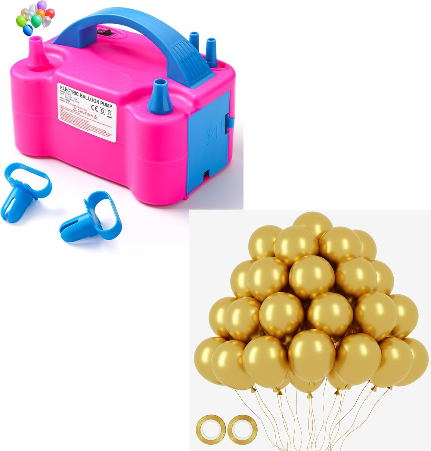 Voircoloria Balloon Pump Electric with 105pcs Gold Balloons, Portable Automatic Dual Nozzle Inflator 110V 600W with Tying Tools for Birthday Gender Reveal Baby Shower Balloons Party Decorations