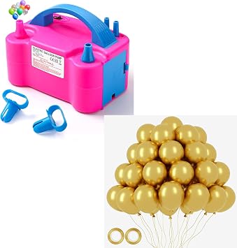 Voircoloria Balloon Pump Electric with 105pcs Gold Balloons, Portable Automatic Dual Nozzle Inflator 110V 600W with Tying Tools for Birthday Gender Reveal Baby Shower Balloons Party Decorations