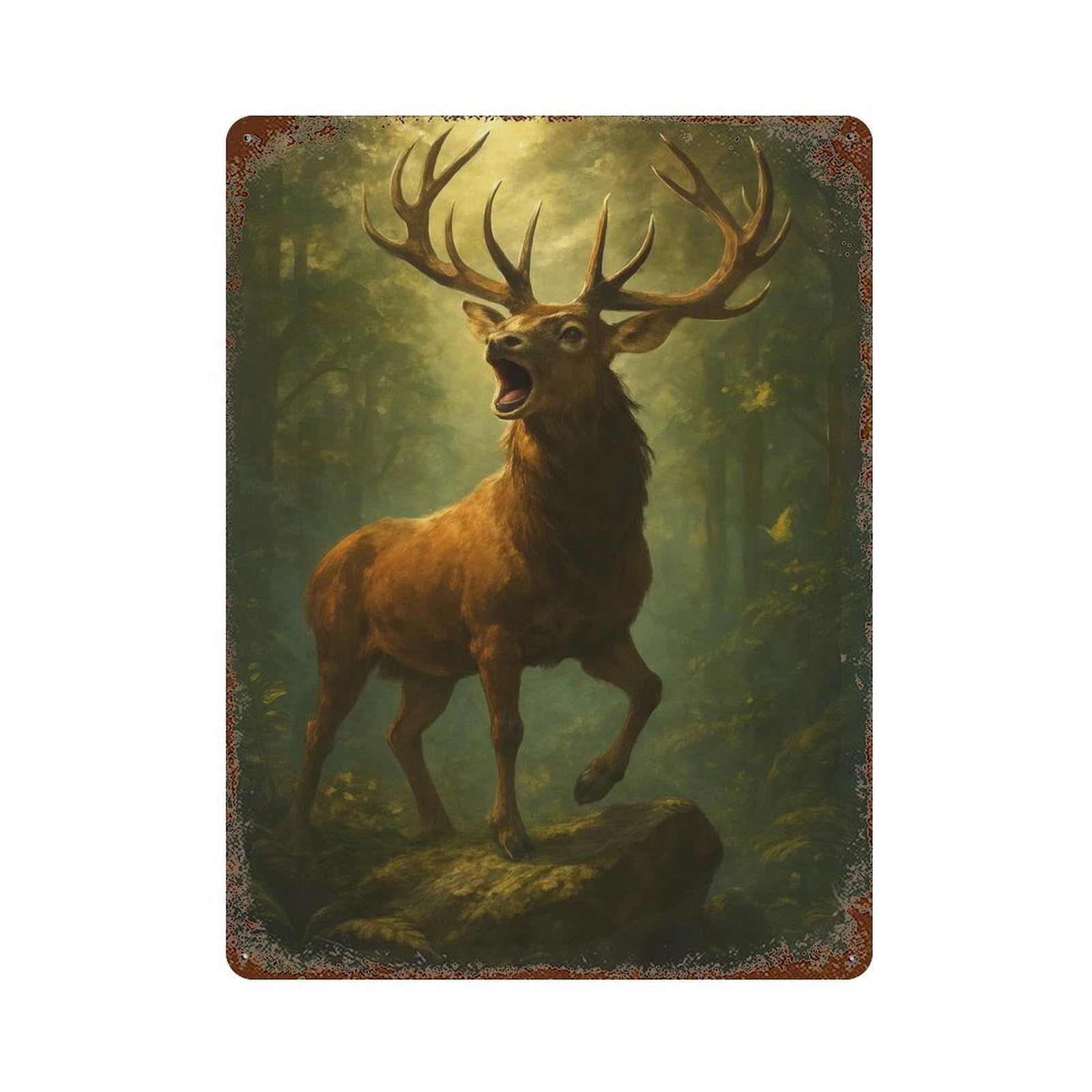 Rust Effect Roaring Stag in Forest Aged Metal Wall Plaque 15.7"x11.8", Shabby Chic Decor for Living Room, Hallway And Home Decor