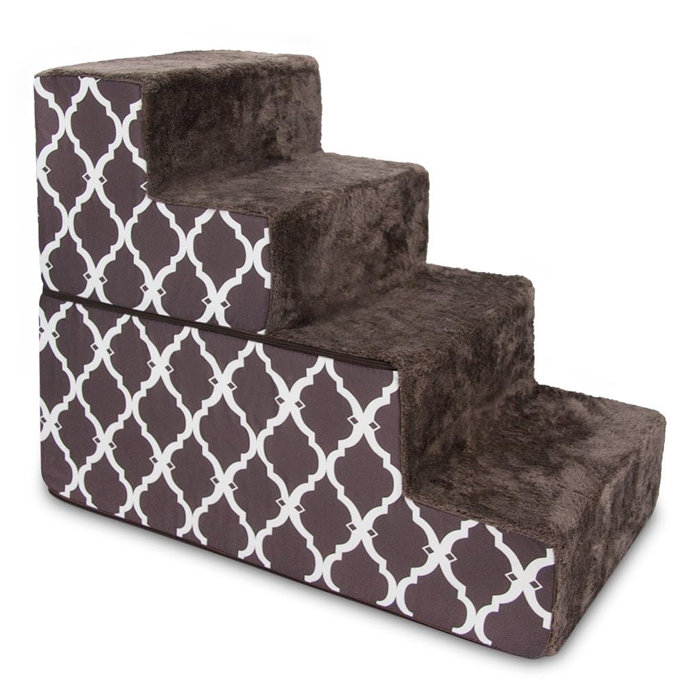 Best Pet Supplies Dog Stairs &amp; Steps - Foam Steps for Small Dogs &amp; Cats, Non-Slip Indoor Balanced Pet Step Support, Dog Ramp, No Assembly, Brown Lattice Print, Foldable 4-Step (22-inch Height)