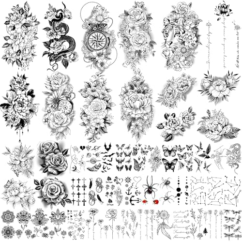 Image of Yazhiji 49 sheets large sexy flowers collection waterproof temporary tattoos lasting fake tattoos for women and girls.