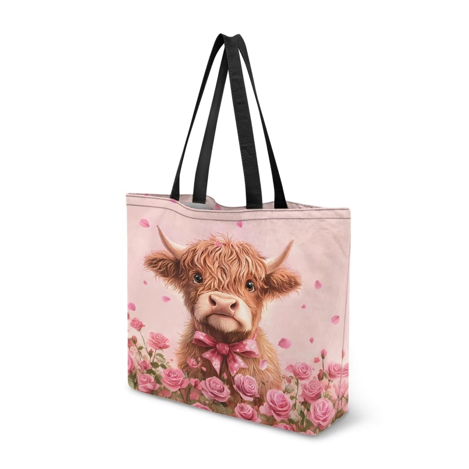 Dngkaoje Rose Highland Cow Canvas Tote Bags for Womens Tote Purse Pink Foldable Shopping Bag for Travel Funny Shoulder Handbag Ladies Shopping Handbags Large Duffle Bag Dirty Clothes — image 1