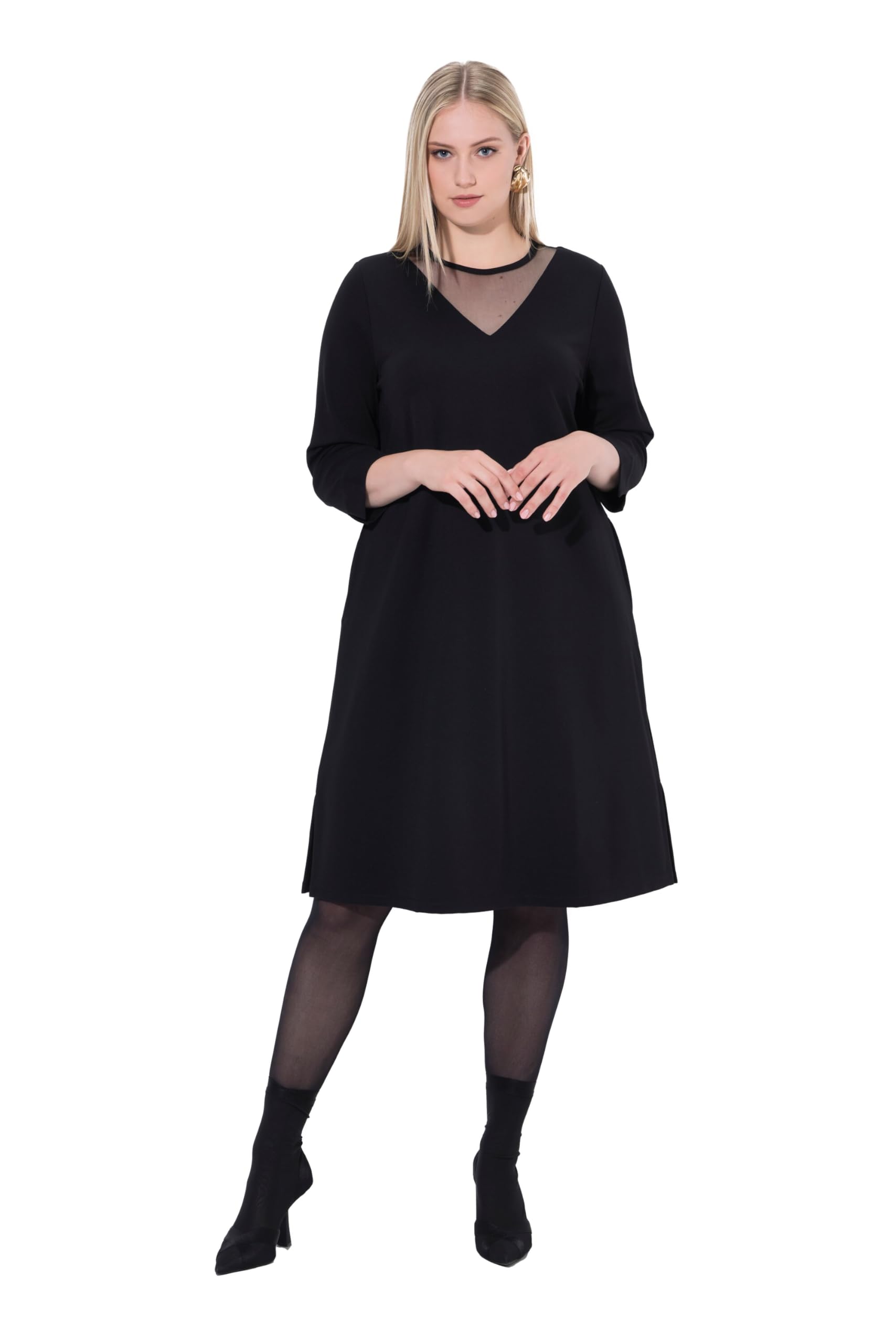 Ulla Popken Damen große Größen Übergrößen Plus Size Midikleid, Mesh-Einsatz, Rundhals, 3/4-Arm 843746