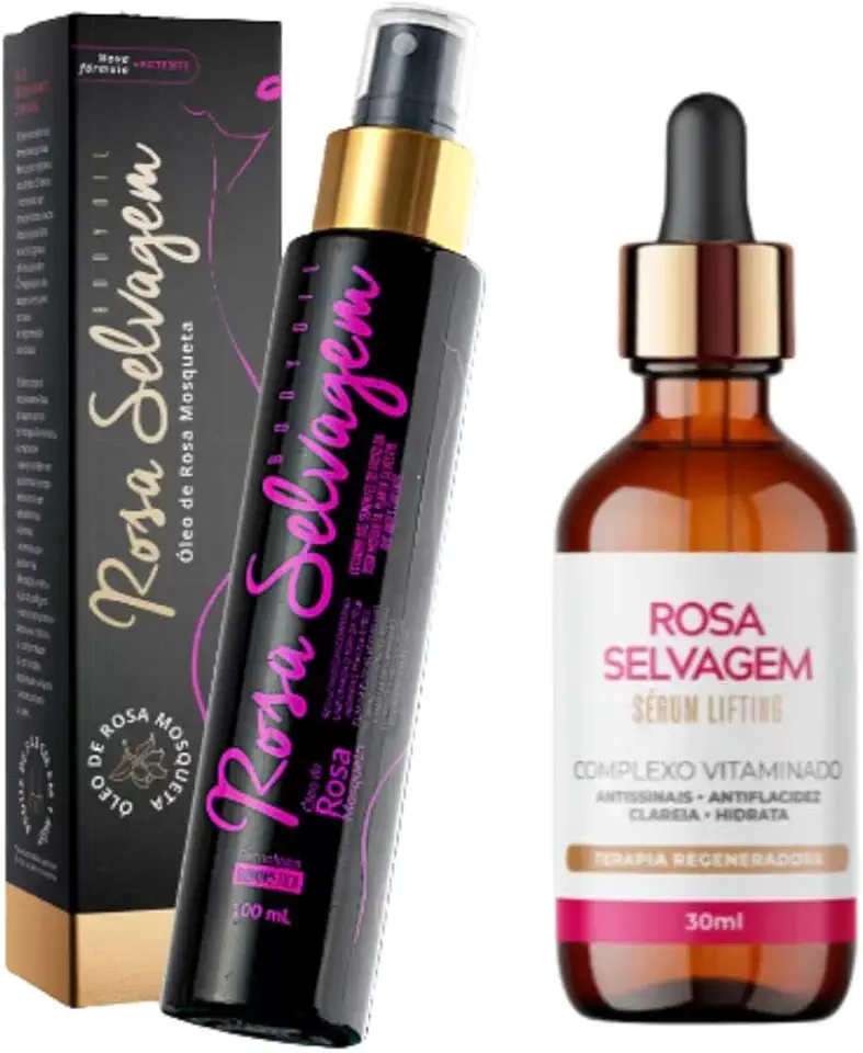 Kit 2 Rosa Selvagem: Óleo Hidratante Clareador Íntimo Corporal Manchas Axila Virilha Foliculite + Sérum Lifting Facial Antirrugas Vegano
