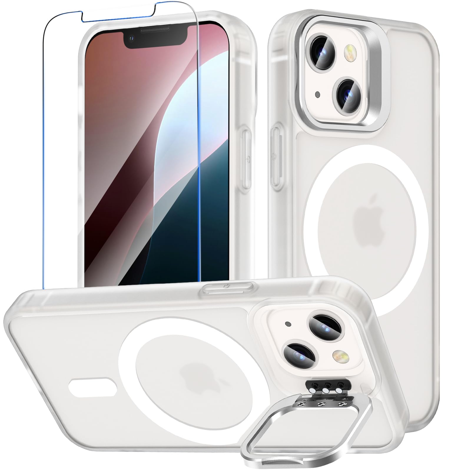 iPhone 12 mini ケース iPhone 13 mini ケース BESINPO [ガラスフィルム付き・MagSafe対応・スタンド機能] いphone12 mini カバー 縦横両対応 調整可能 半透明 黄ばみなし 指紋防止 耐衝撃 マグネット搭載 マグセーフ対応 ストラップホール 隠しスタンド iPhone 12mini/13mini スマホケース 5.4インチ 半クリア
