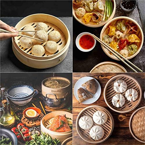 BlauKe Bamboo Steamer Basket 25cm with Chopsticks, Tongs, 50 Paper Liners  2-Tier Food Steamer for Cooking Dumplings Vegetables Meat Fish Rice