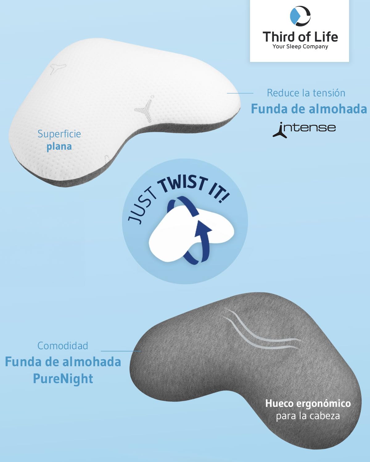 Third of Life Almohada para dormir de lado con tecnología Intense, desarrollada por expertos en sueño, almohada ergonómica de espuma viscoelástica para un sueño tranquilo, almohada cervical HWS