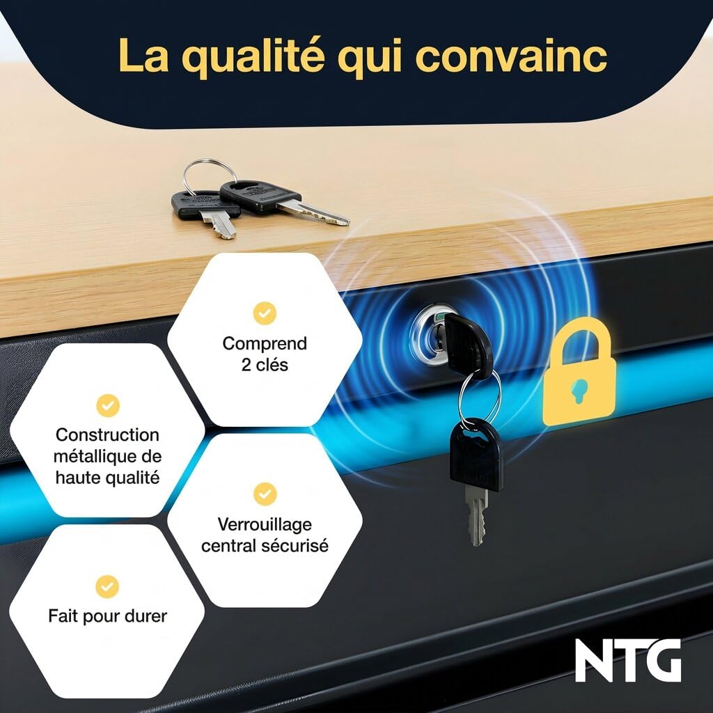 NTG Chariot à outils XXL – 471 pièces – 12 tiroirs avec plan de travail en bois, verrouillable, mobile sur roulettes – Meuble de rangement professionnel en métal pour garage et atelier