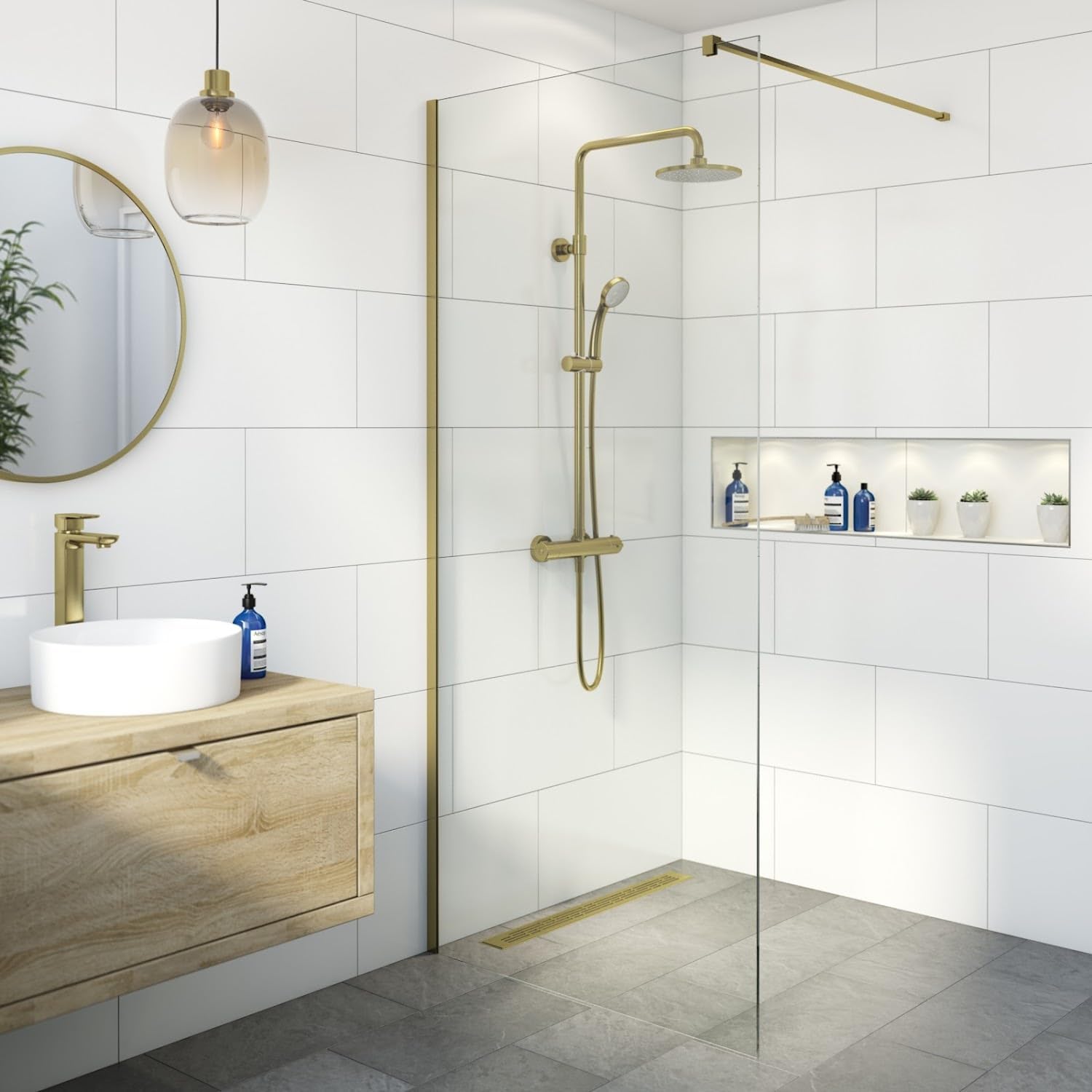 1400mm Wet Room Shower Screen Panel 8mm Toughened Safety Easy Clean Glass Walk in Shower Enclosure, Frameless, Brushed Brass