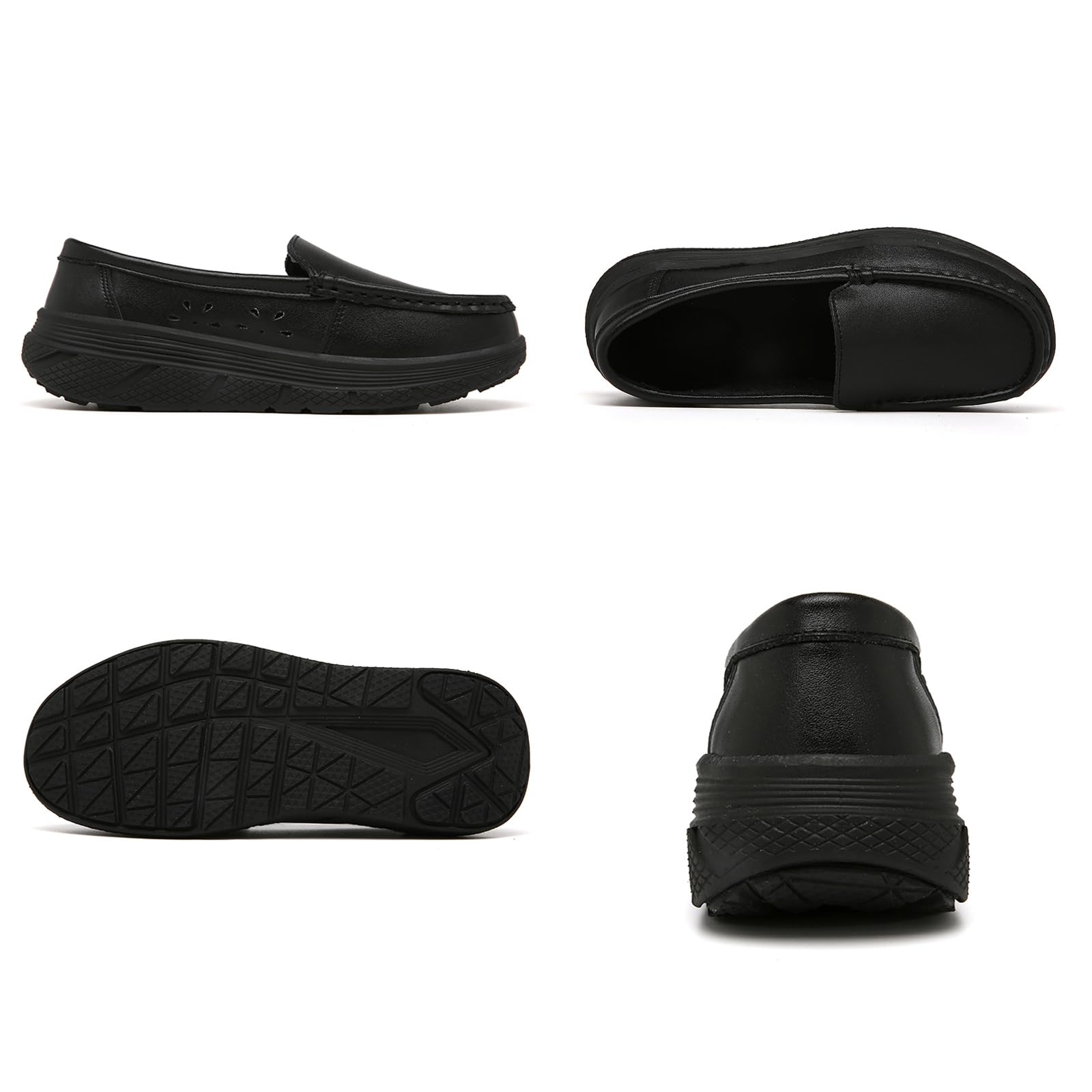 MVIOBUY Women's Platform Orthopedic Nurse Working Shoes,Comfortable Breathable Slip On Anti-Slip Nursing Restaurant Work Leather Walking Loafers (Black,6)