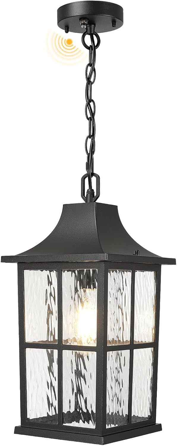 17.7 Inch Dusk to Dawn Outdoor Pendant Light, ORB Oil Rubbed Bronze Exterior Hanging Lantern, Waterproof Aluminum Outdoor Hanging Light with Water Ripple Glass for Porch Patio Gazebo