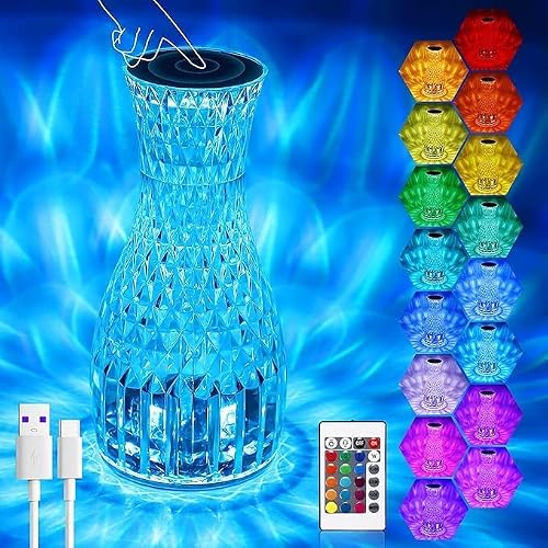 WEIYIYI ﻿Crystal Diamond Table Lamp RGB LED Night Light with Touch and Remote Control, Bedside Lamps Nightstand Lamps, Dimmable, USB Rechargeable (T)