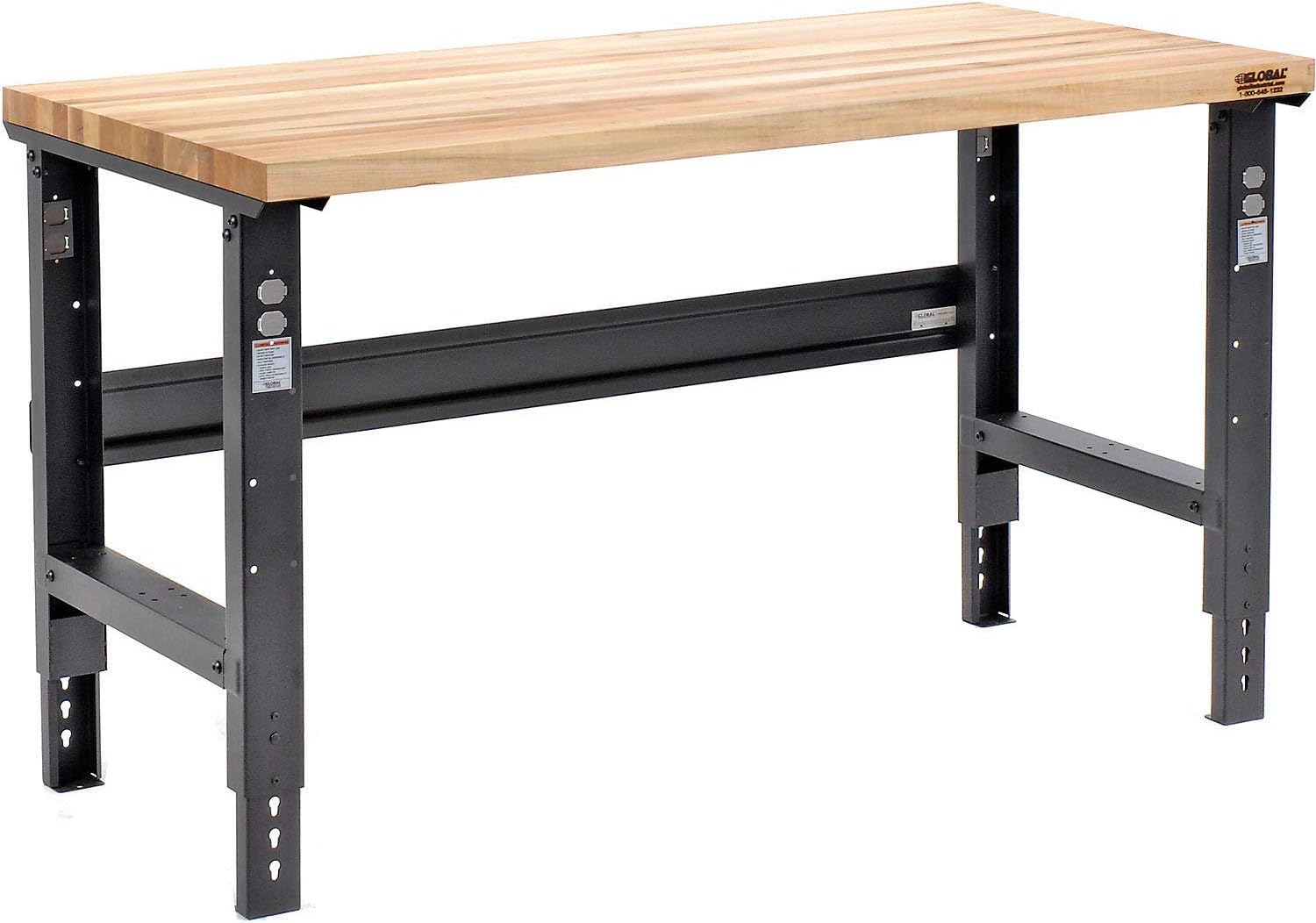 Global Industrial Adjustable Height Workbench, 60" W x 30" D, 1-3/4" Thick Maple Butcher Block with Square Edge, 2000 Lbs Capacity, Black, Industrial Workbench