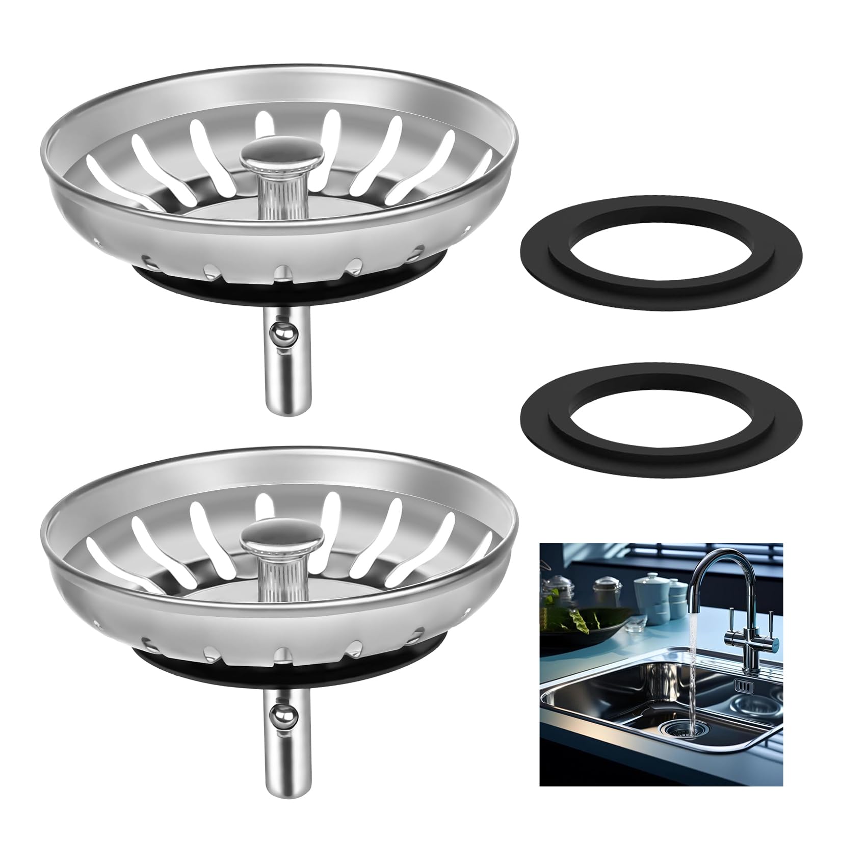 2 Pcs Stainless Steel Sink Plug Strainer - UK Universal 78mm Fit, Kitchen Sink Plug Replacement & Food Hair Catcher, Compatible with Franke/Blanco/Belfast