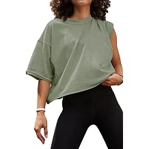 Womens Oversize Workout Crop Tops Casual Short Sleeve Drop Shoulder Boxy T-Shirts Roll Hem Basic Loose Yoga Running Tees