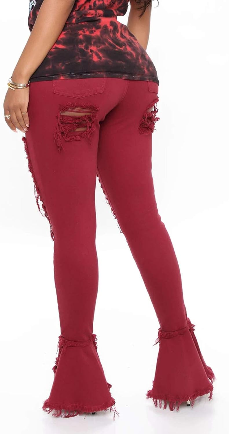 BestGirl Women's Bell Bottom Jeans Destoryed Ripped Flare Jeans Elastic Waist Raw Hem Denim Pants - Image 2