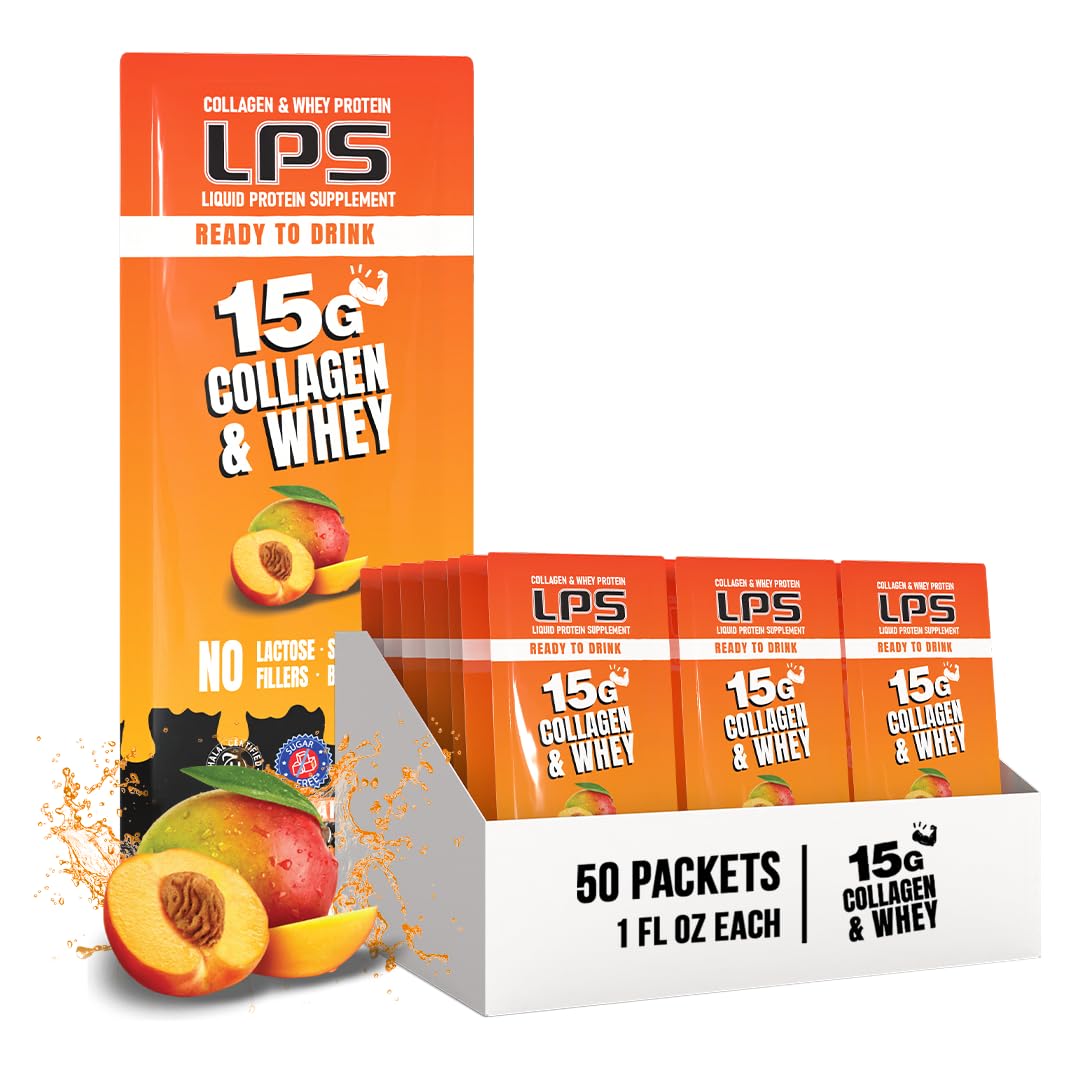 Nutritional Designs LPS Liquid Collagen & Whey Protein Supplement - Non-GMO Drink, Sugar-Free - Promotes Healthy Skin & Hair for Men & Women, Peach Mango, Single Serve (50 Packets)