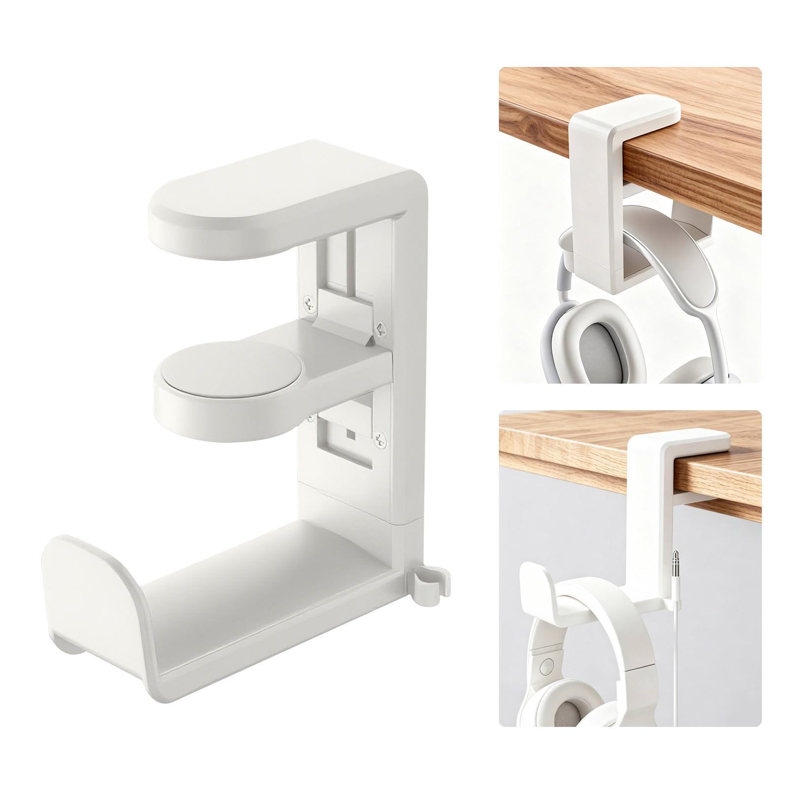 Gancio per cuffie, supporto per cuffie da scrivania, supporto per cuffie da gioco per PC, con girevole a 360 gradi e organizer per cavi (bianco)