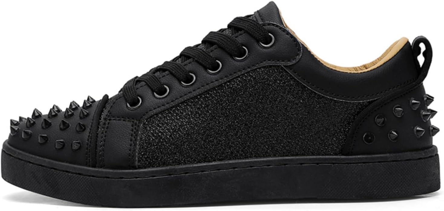 Men's Punk Studded Lace Up Sneakers with Metal Rivets & Fabric Upper - Breathable Low Top Casual Shoes for Street Style Nightlife and Everyday Wear