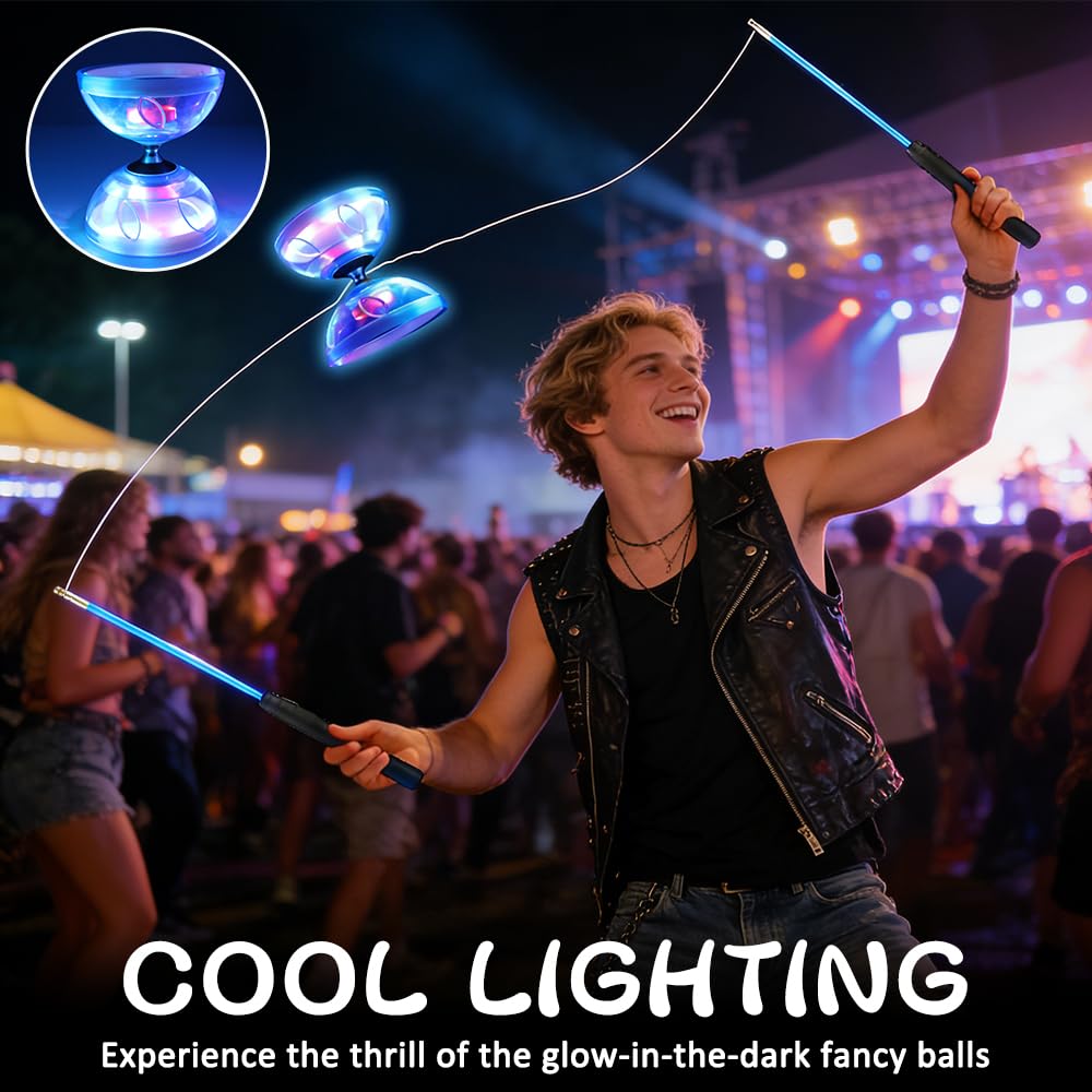Diabolo con Cuscinetti a Sfera, Giocoliere Set con Luce a LED e Aste, Giocoliere in Gomma Morbida Trasparente con Corda di Ricambio e Tasca a Rete, Sport Ricreativi per Principianti, Blu