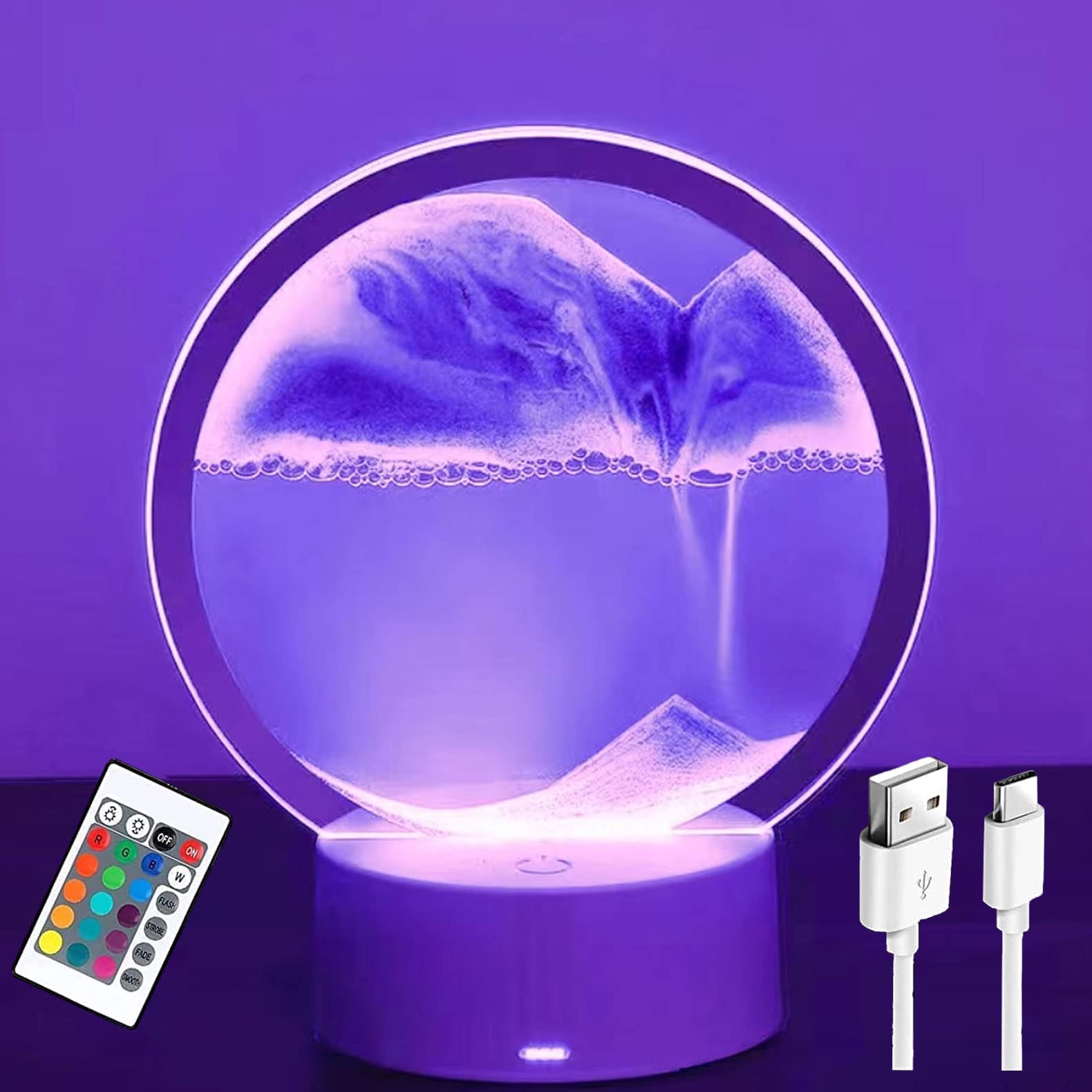 3DMoving Sand Art,360° Rotating Hourglass Decoration table lamp ,7 Color Changing Sand Liquid Motion Desk Lamp,RGB Color Creative Sea Quicksand Moving Sand Art Picture Night Light(Purple with Remote)