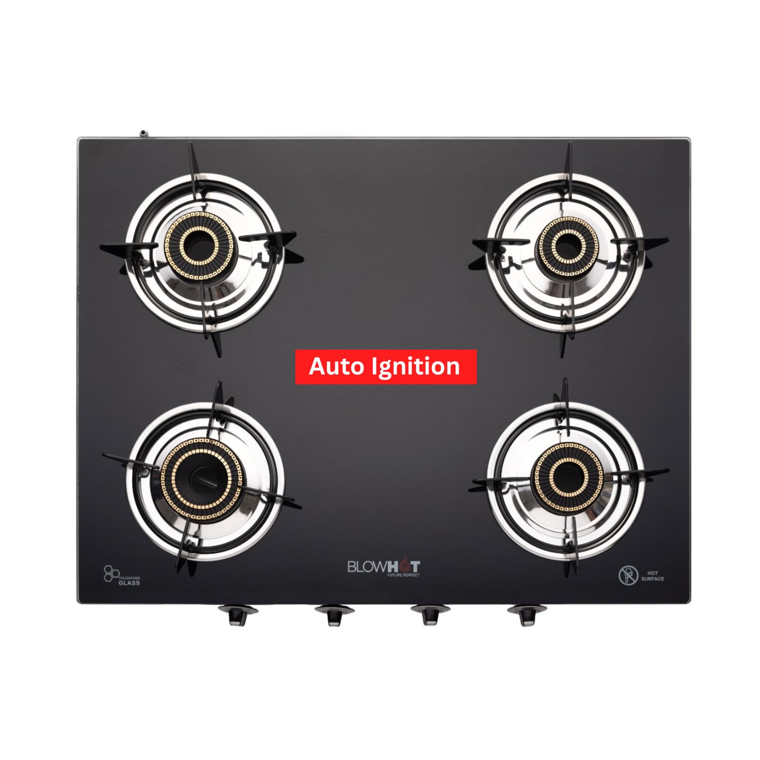 BLOWHOT Auto Ignition 4 Tornado Burner Brass Gas Stove Toughened Glass Cooktop | ISI Certified Stainless Steel Frame 2 Year Warranty on Burner,Gas stove Valve Glass By BLOWHOT (Jasper)
