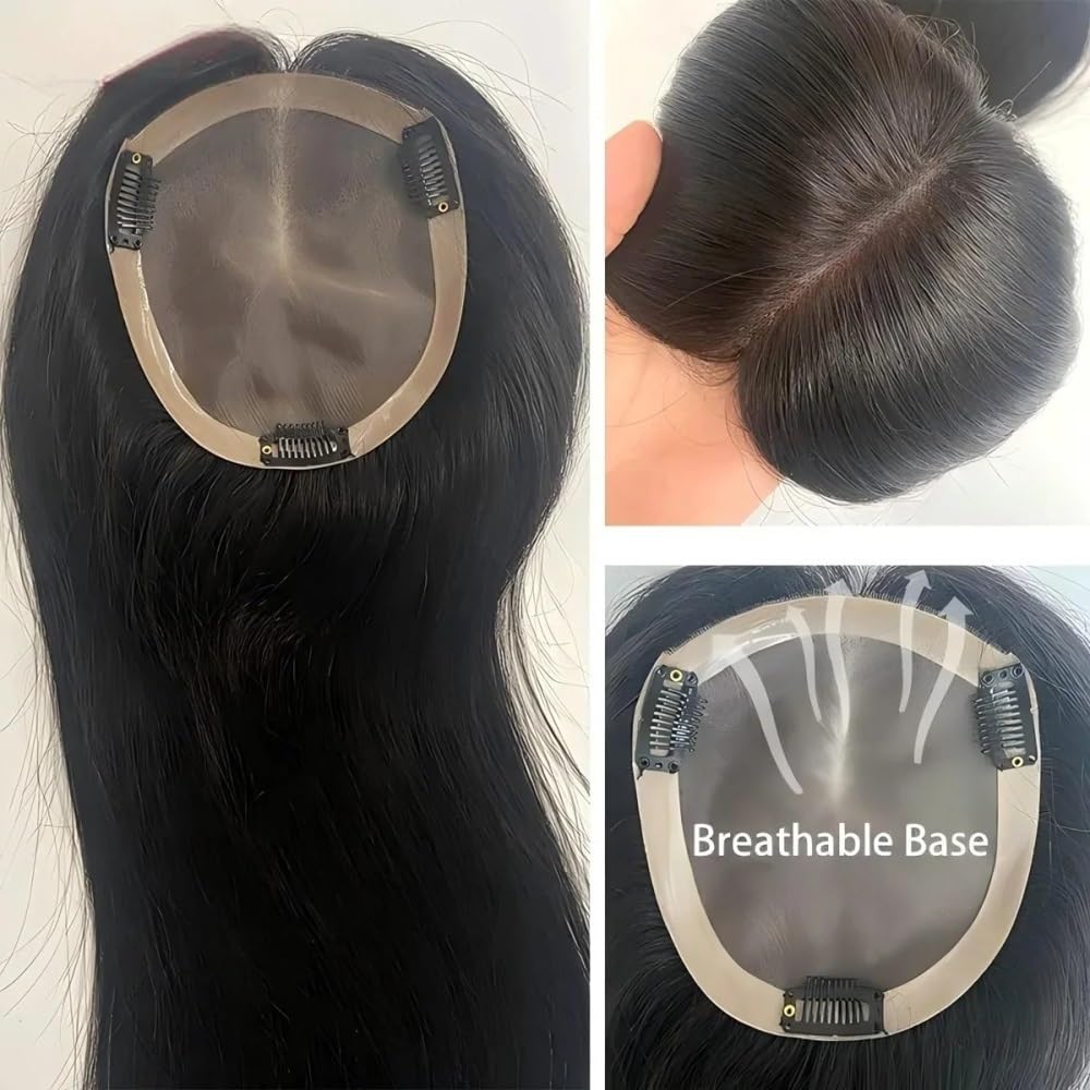 Postizos transpirables de 14 ", Base Mono y PU de 4x5 pulgadas con 3 Clips, adornos de cabello humano for mujeres for cubrir cabello grisáceo o adelgazante(Light brwon)