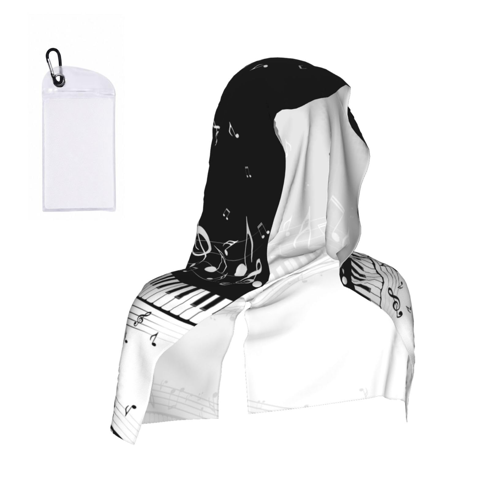 Esnaiuvcd Black Piano Keys With Musical Notes Print Multifunctional Cooling Hoodie Bandana Portable Sweat Absorbing Design For Beach Workouts Exercise Heat Relief Accessories
