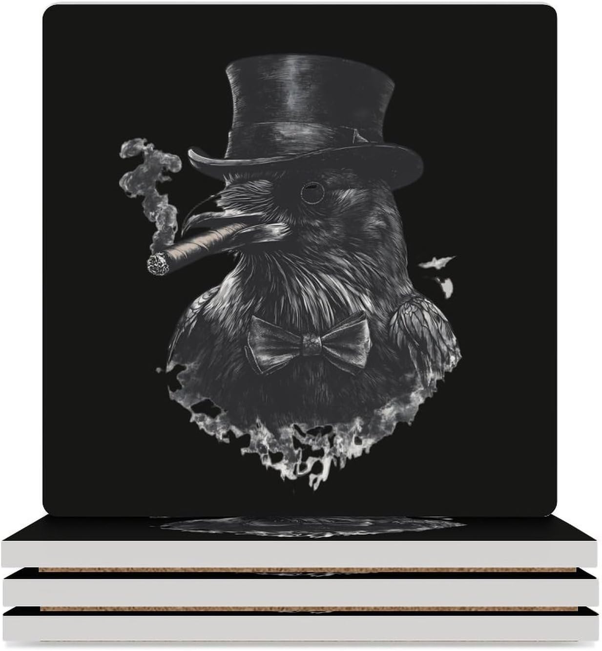 Black Crow Top Hat Smoking Funny Ceramic Coasters for Drinks Absorbent Cup Holder Tabletop Protector with Cork Base