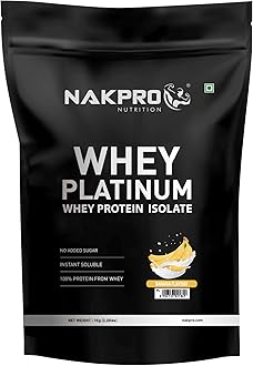 NAKPRO Platinum Whey Protein Isolate 1kg Banana | 28g Protein, 6.4g BCAA | Trustified Certified 100% Authentic Supplement Powder & No Adulteration | Low Carbs, Fast Absorbing Whey Protein Powder