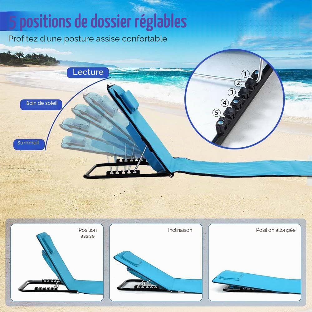 Transat de Plage 2 Pièces,Matelas de Plage Pliable,Chaise de Plage Pliable,et Réglable,Tissu Oxford 600D imperméable,Sac de Rangement Inclus, pour la Plage, Le Parc, Le Camping(Bleu Clair)